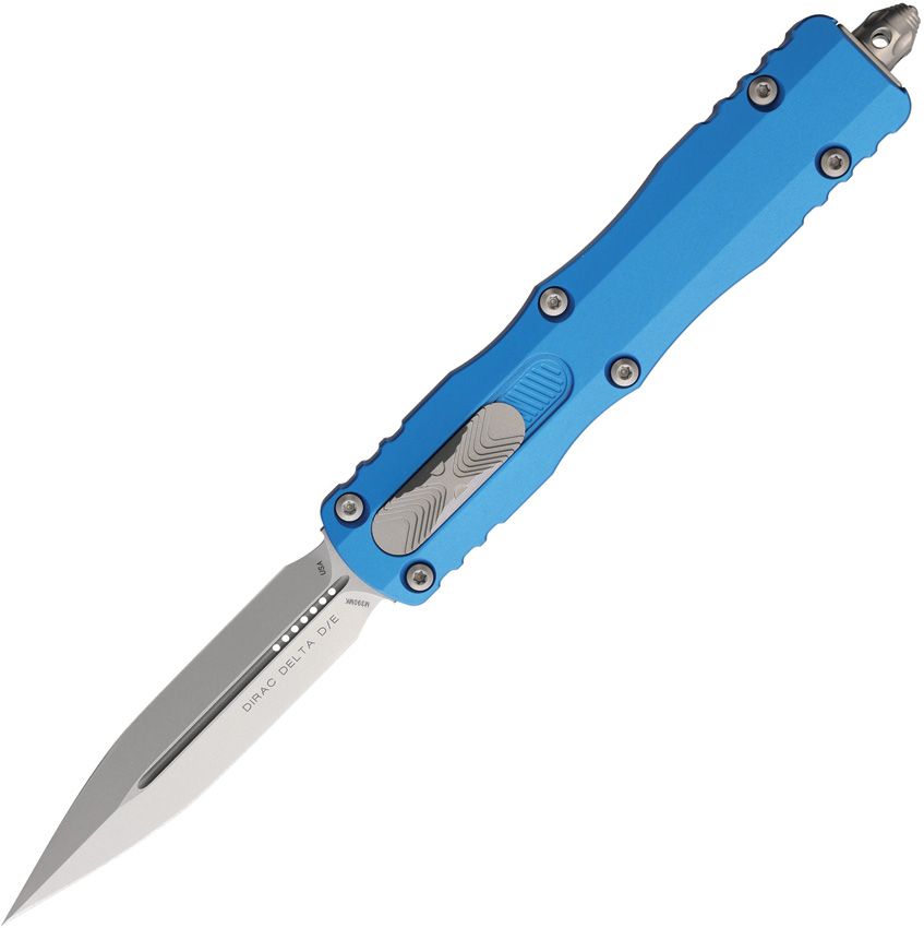 Microtech Dirac Delta Auto OTF Knife – 3.79” Double Edge Blade, Stonewash, Blue Handle – Made in USA (227-10BL)