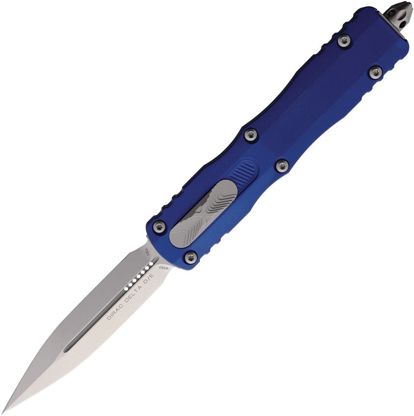 Microtech Dirac Delta Auto OTF Knife – 3.79” Double Edge Blade, Stonewash, Navy Handle – Made in USA (227-10NA)