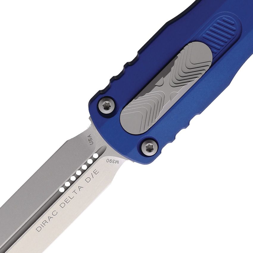 Microtech Dirac Delta Auto OTF Knife – 3.79” Double Edge Blade, Stonewash, Navy Handle – Made in USA (227-10NA)