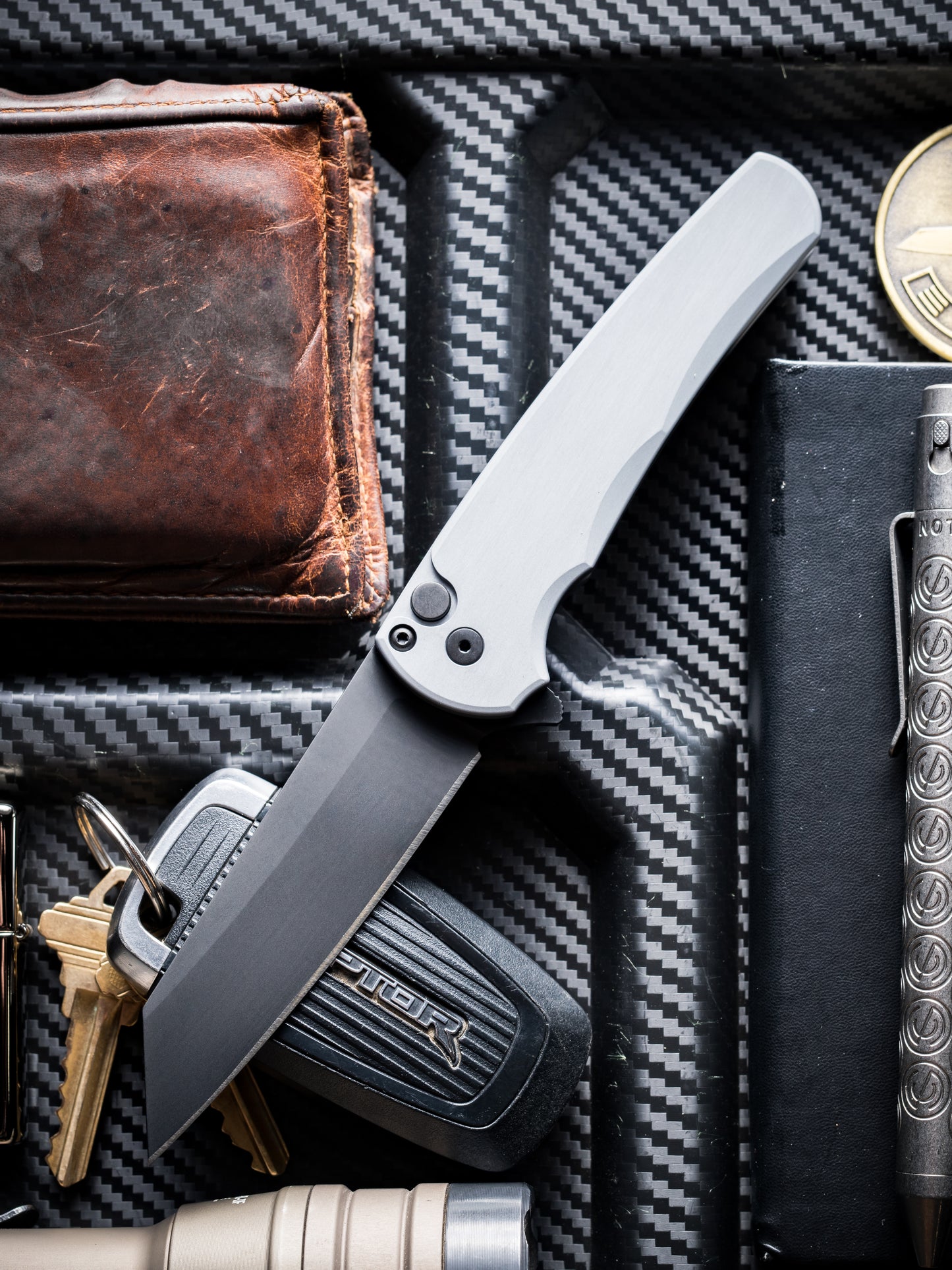 Pro-Tech Malibu Button Lock Knife, Grey Aluminum Handle, DLC MagnaCut Reverse Tanto Blade, 3.3″, Made in USA (5403-Grey)