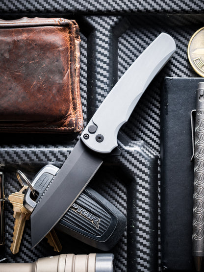 Pro-Tech Malibu Button Lock Knife, Grey Aluminum Handle, DLC MagnaCut Reverse Tanto Blade, 3.3″, Made in USA (5403-Grey)