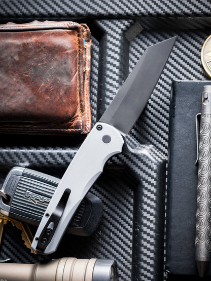 Pro-Tech Malibu Button Lock Knife, Grey Aluminum Handle, DLC MagnaCut Reverse Tanto Blade, 3.3″, Made in USA (5403-Grey)
