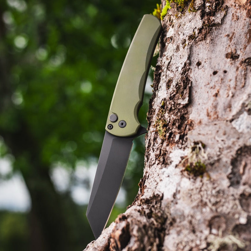 Pro-Tech Malibu 3.25" Button Lock Flipper – Green Aluminum, MagnaCut DLC Reverse Tanto – Made in USA (5403-Green)