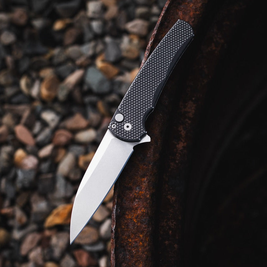 Pro-Tech Malibu 3.25" Button Lock Flipper – Battleworn Black Aluminum, MagnaCut Stonewash Wharncliffe – Made in USA (5305-BW)