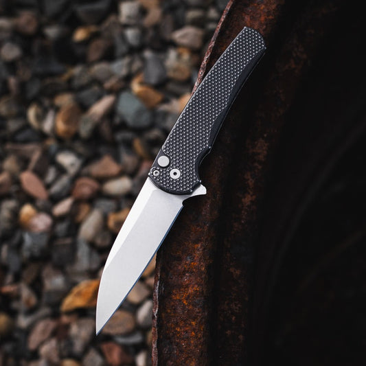 Pro-Tech Malibu 3.25" Button Lock Flipper – Battleworn Black Aluminum, MagnaCut Stonewash Wharncliffe – Made in USA (5305-BW)