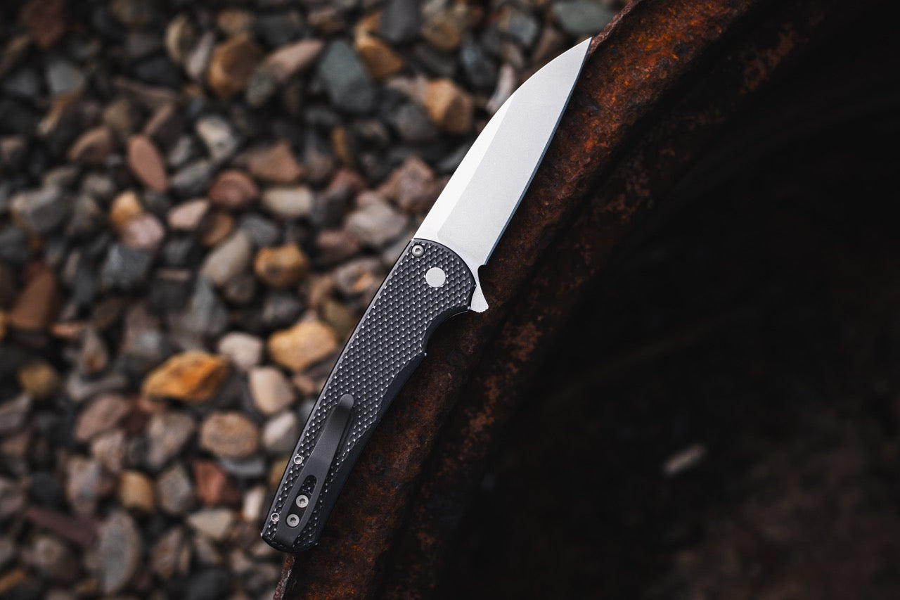 Pro-Tech Malibu 3.25" Button Lock Flipper – Battleworn Black Aluminum, MagnaCut Stonewash Wharncliffe – Made in USA (5305-BW)