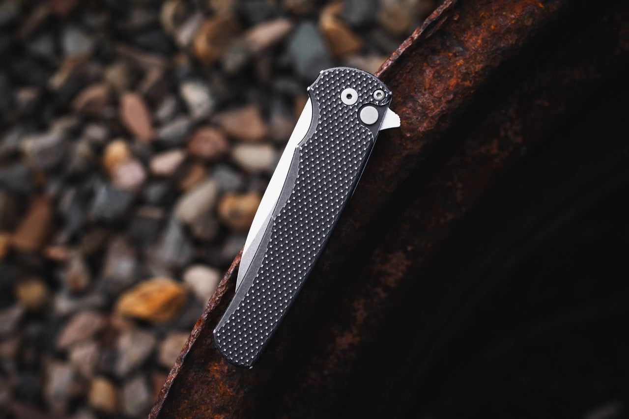 Pro-Tech Malibu 3.25" Button Lock Flipper – Battleworn Black Aluminum, MagnaCut Stonewash Wharncliffe – Made in USA (5305-BW)