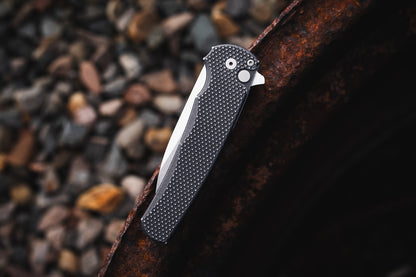 Pro-Tech Malibu 3.25" Button Lock Flipper – Battleworn Black Aluminum, MagnaCut Stonewash Wharncliffe – Made in USA (5305-BW)
