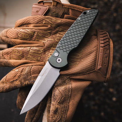 Pro-Tech TR-3 Tactical Response 3 Auto 3.5" – Green Fish Scale Handle, 154CM Stonewash Clip Point – Made in USA (TR-3 X1 SW Green)