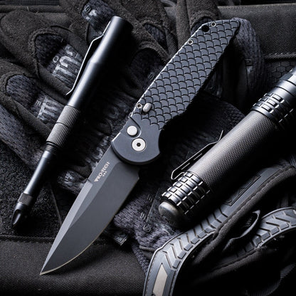 Pro-Tech TR-3 X1 Military Issue Black Fish Scale, 3.5 inch Black Clip Point Auto, Made in USA
