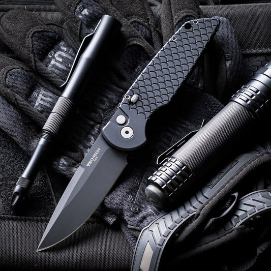 Pro-Tech TR-3 X1 Military Issue Black Fish Scale, 3.5 inch Black Clip Point Auto, Made in USA