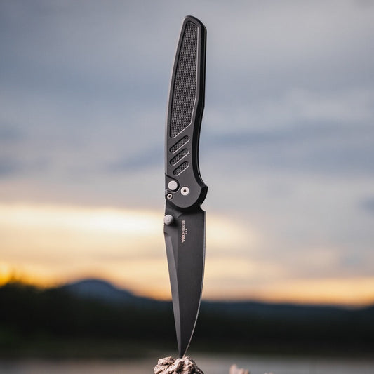 Pro-Tech Avalon Knife - Black Aluminum Handle, DLC MagnaCut Blade, 4.25″ Drop Point, Thumb Stud - Made in USA (PN1103)