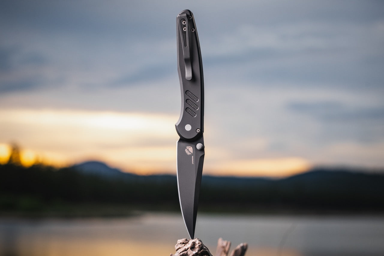 Pro-Tech Avalon Knife - Black Aluminum Handle, DLC MagnaCut Blade, 4.25″ Drop Point, Thumb Stud - Made in USA (PN1103)