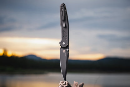 Pro-Tech Avalon Knife - Black Aluminum Handle, DLC MagnaCut Blade, 4.25″ Drop Point, Thumb Stud - Made in USA (PN1103)