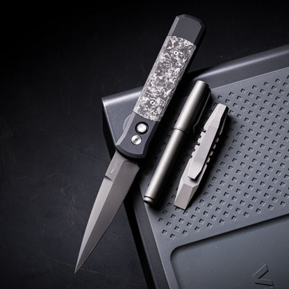 Pro-Tech Godfather Auto - Black Aluminum, TechnoCarbo Carbon Fiber Inlays, DLC 154CM - Made in USA (905-LTD TC Black)