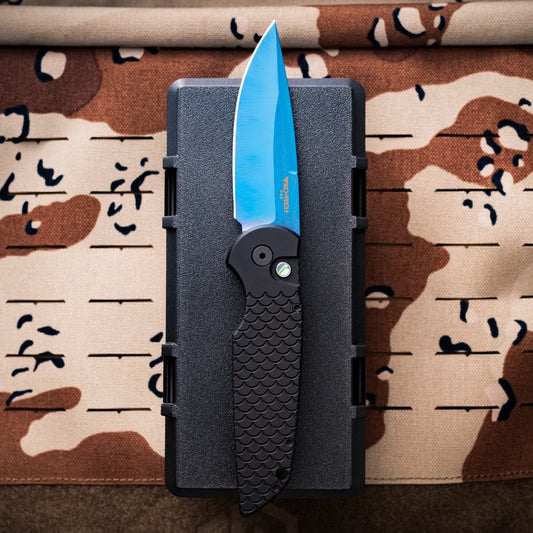 Pro-Tech Tactical Response 3 X1 Auto - Black Fishscale Aluminum, Sapphire Blue Blade, Abalone Button - Made in USA (TR-3 X1 SB)