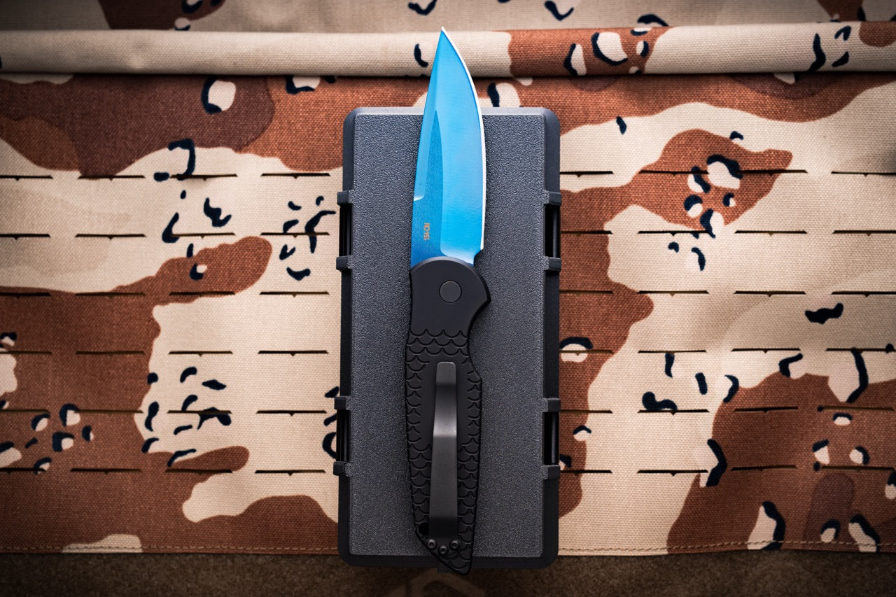 Pro-Tech Tactical Response 3 X1 Auto - Black Fishscale Aluminum, Sapphire Blue Blade, Abalone Button - Made in USA (TR-3 X1 SB)