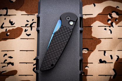 Pro-Tech Tactical Response 3 X1 Auto - Black Fishscale Aluminum, Sapphire Blue Blade, Abalone Button - Made in USA (TR-3 X1 SB)