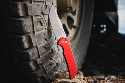 Pro-Tech Mordax 3.5" Knife – Red Aluminum, CPM-20CV Stonewash, Button Lock – Made in USA (MX101-Red 20CV)