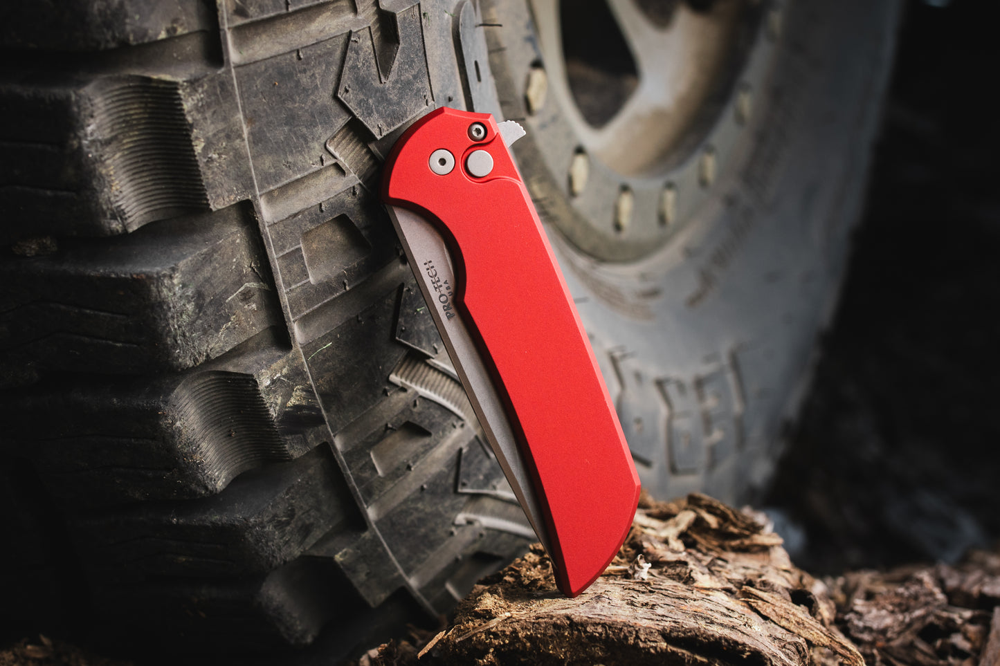 Pro-Tech Mordax 3.5" Knife – Red Aluminum, CPM-20CV Stonewash, Button Lock – Made in USA (MX101-Red 20CV)