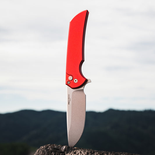 Pro-Tech Mordax 3.5" Knife – Red Aluminum, CPM-20CV Stonewash, Button Lock – Made in USA (MX101-Red 20CV)