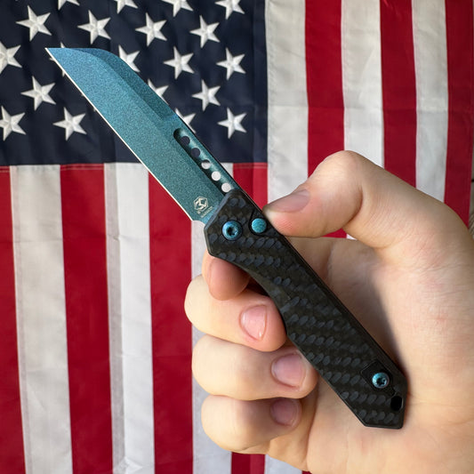 Heretic Jinn Auto - Metallic Teal Carbon Fiber, MagnaCut Wharncliffe - Made in USA (H113-MT-CF)