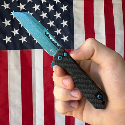 Heretic Jinn Manual - Metallic Teal Carbon Fiber, MagnaCut Wharncliffe - Made in USA (H213-MT-CF)
