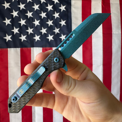Heretic Jinn Manual - Metallic Teal Carbon Fiber, MagnaCut Wharncliffe - Made in USA (H213-MT-CF)