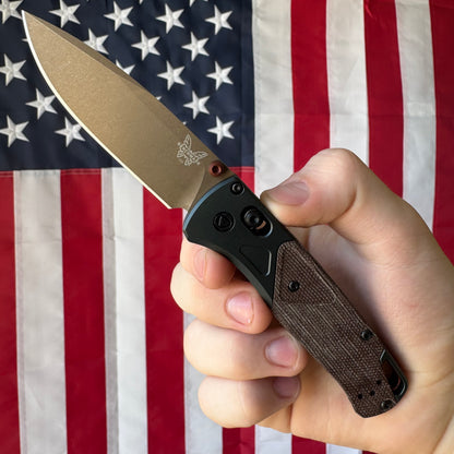 Benchmade Bugout - S90V, Brown Canvas Micarta, Taiga Green Bolsters - Made in USA (535FE-2602)