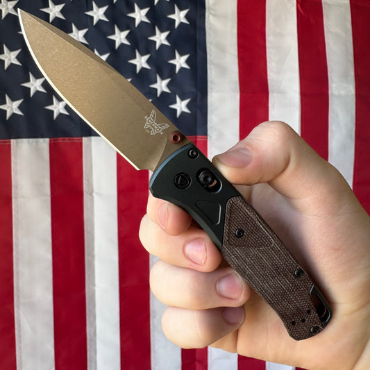 Benchmade Bugout - S90V, Brown Canvas Micarta, Taiga Green Bolsters - Made in USA (535FE-2602)