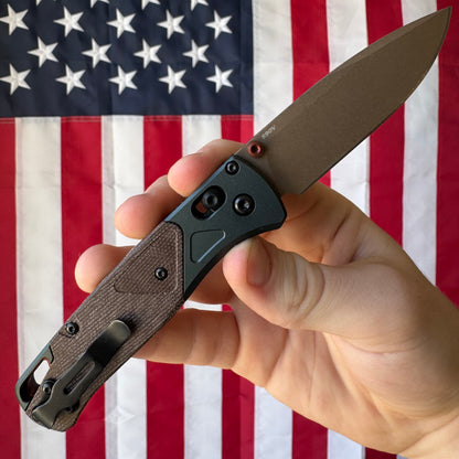 Benchmade Bugout - S90V, Brown Canvas Micarta, Taiga Green Bolsters - Made in USA (535FE-2602)