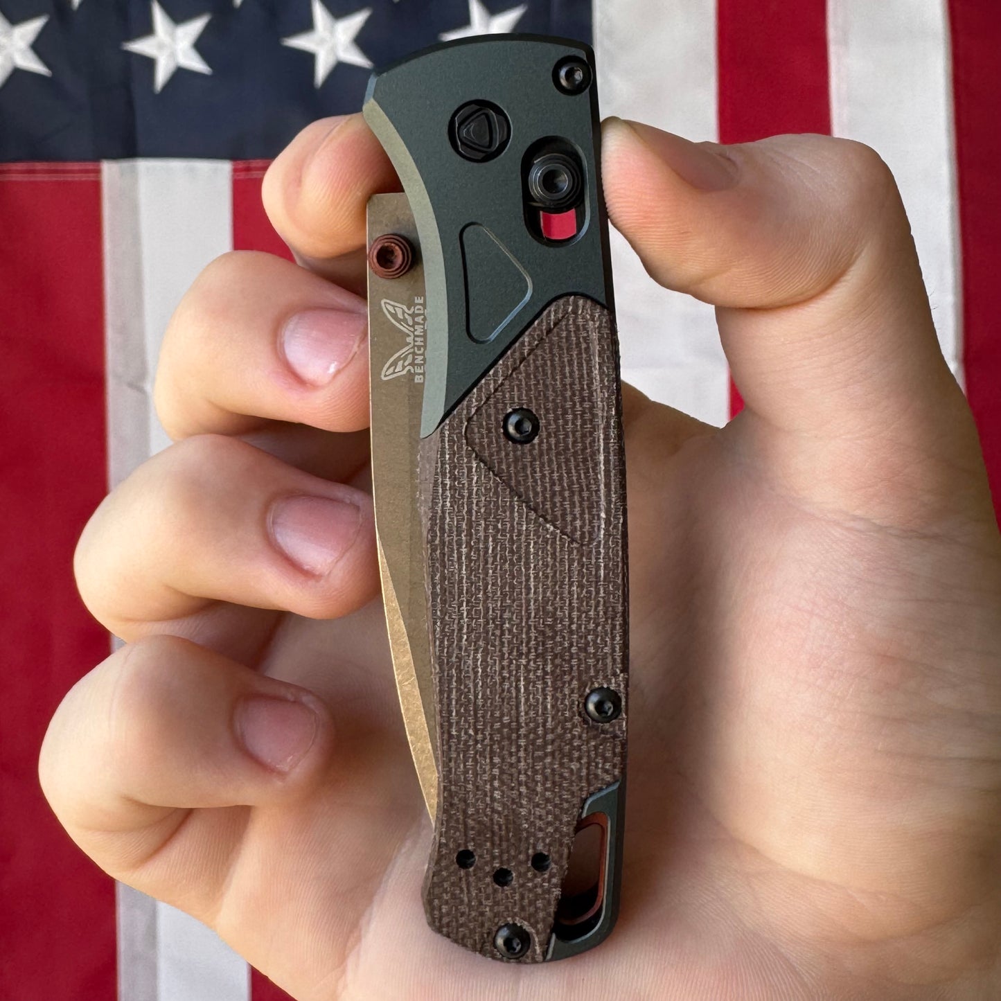 Benchmade Bugout - S90V, Brown Canvas Micarta, Taiga Green Bolsters - Made in USA (535FE-2602)