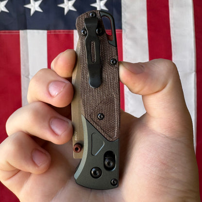 Benchmade Bugout - S90V, Brown Canvas Micarta, Taiga Green Bolsters - Made in USA (535FE-2602)