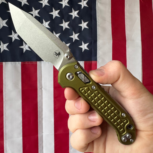 Microtech L.U.D.T. RAM-LOK - OD Green Frag Aluminum, Stonewash M390MK Tanto, Manual - Made in USA (1136RL-10FROD)