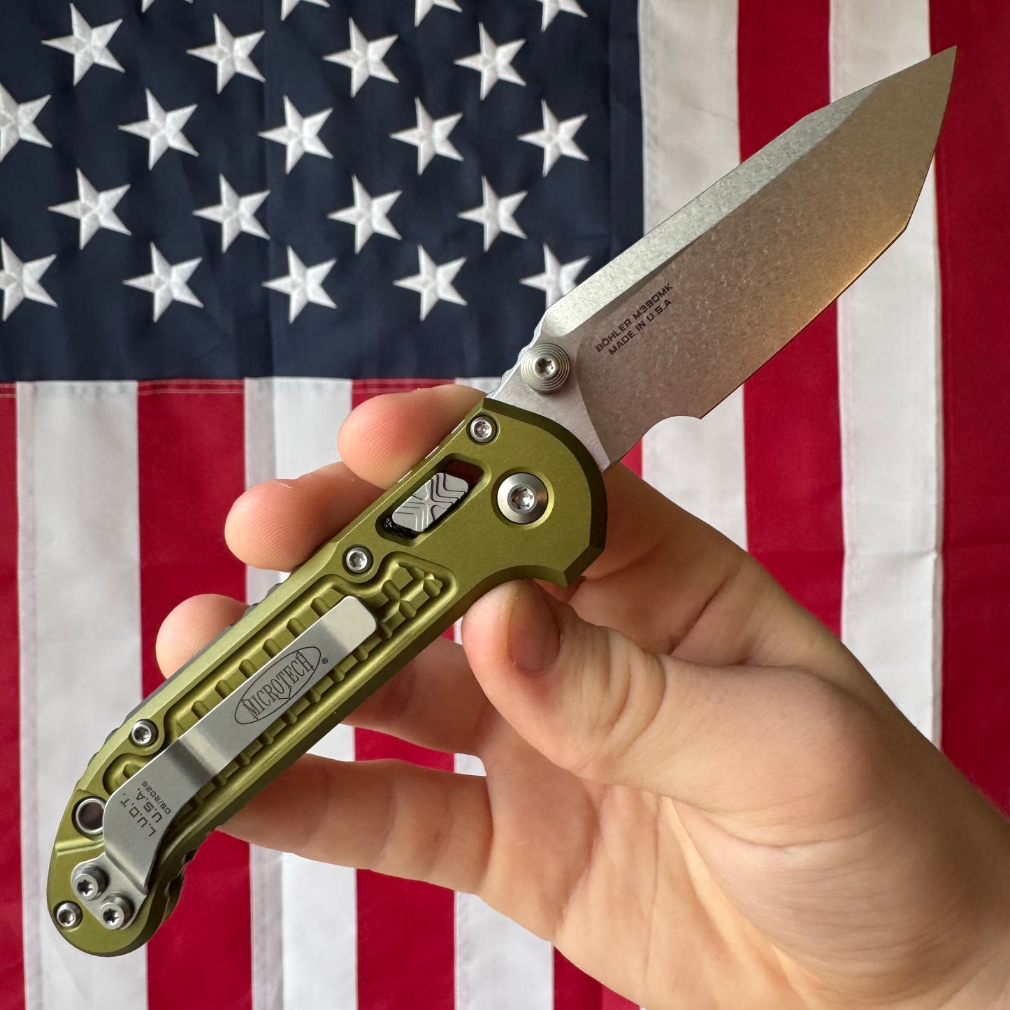Microtech L.U.D.T. RAM-LOK - OD Green Frag Aluminum, Stonewash M390MK Tanto, Manual - Made in USA (1136RL-10FROD)