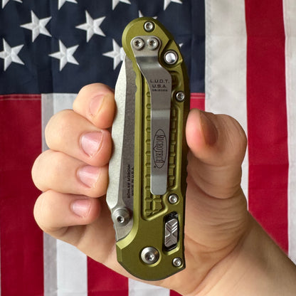 Microtech L.U.D.T. RAM-LOK - OD Green Frag Aluminum, Stonewash M390MK Tanto, Manual - Made in USA (1136RL-10FROD)