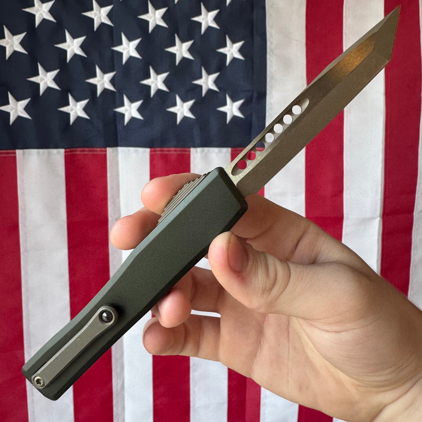 Heretic NYX OTF - Bronze Tanto MagnaCut, OD Green Ultem, Bronze Hardware - Made in USA (H015-7A-GRN-ULTEM)