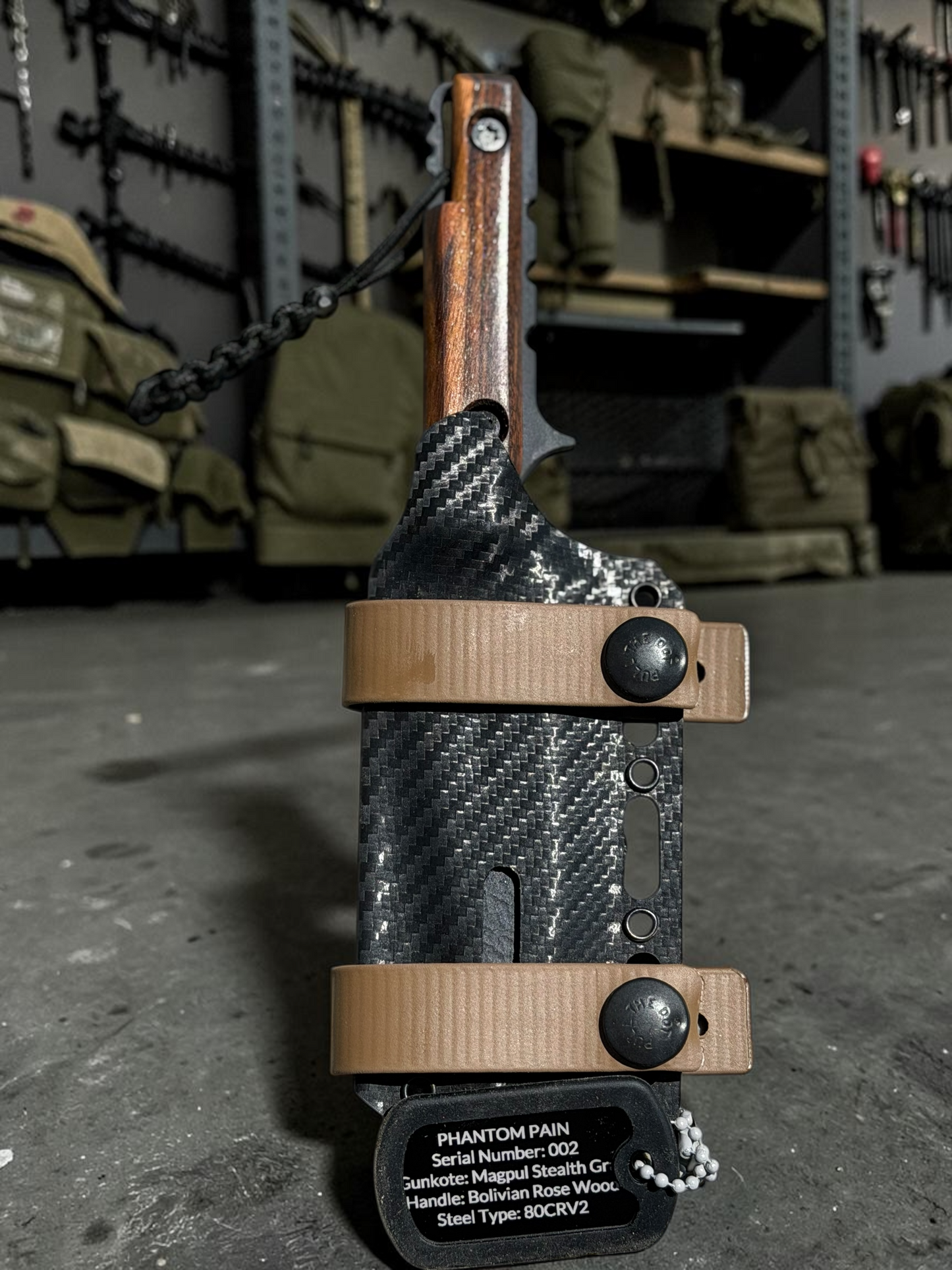 Severed Metal Works Phantom Pain 3.7" Fixed Blade – 80CrV2, Harpoon Back, Kydex Sheath – Made in USA