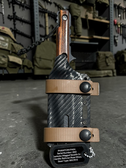 Severed Metal Works Phantom Pain 3.7" Fixed Blade – 80CrV2, Harpoon Back, Kydex Sheath – Made in USA