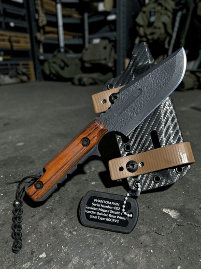 Severed Metal Works Phantom Pain 3.7" Fixed Blade – 80CrV2, Harpoon Back, Kydex Sheath – Made in USA