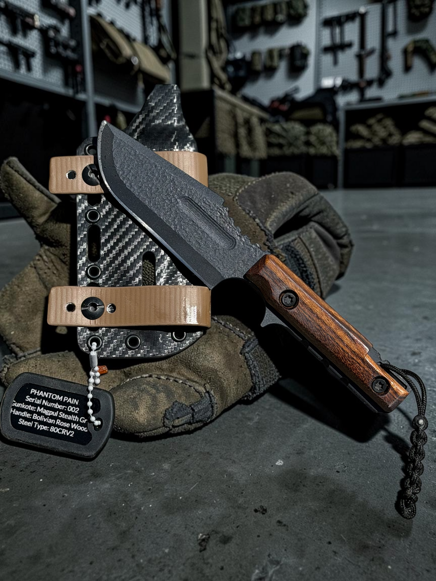 Severed Metal Works Phantom Pain 3.7" Fixed Blade – 80CrV2, Harpoon Back, Kydex Sheath – Made in USA