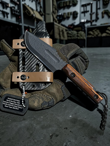 Severed Metal Works Phantom Pain 3.7" Fixed Blade – 80CrV2, Harpoon Back, Kydex Sheath – Made in USA