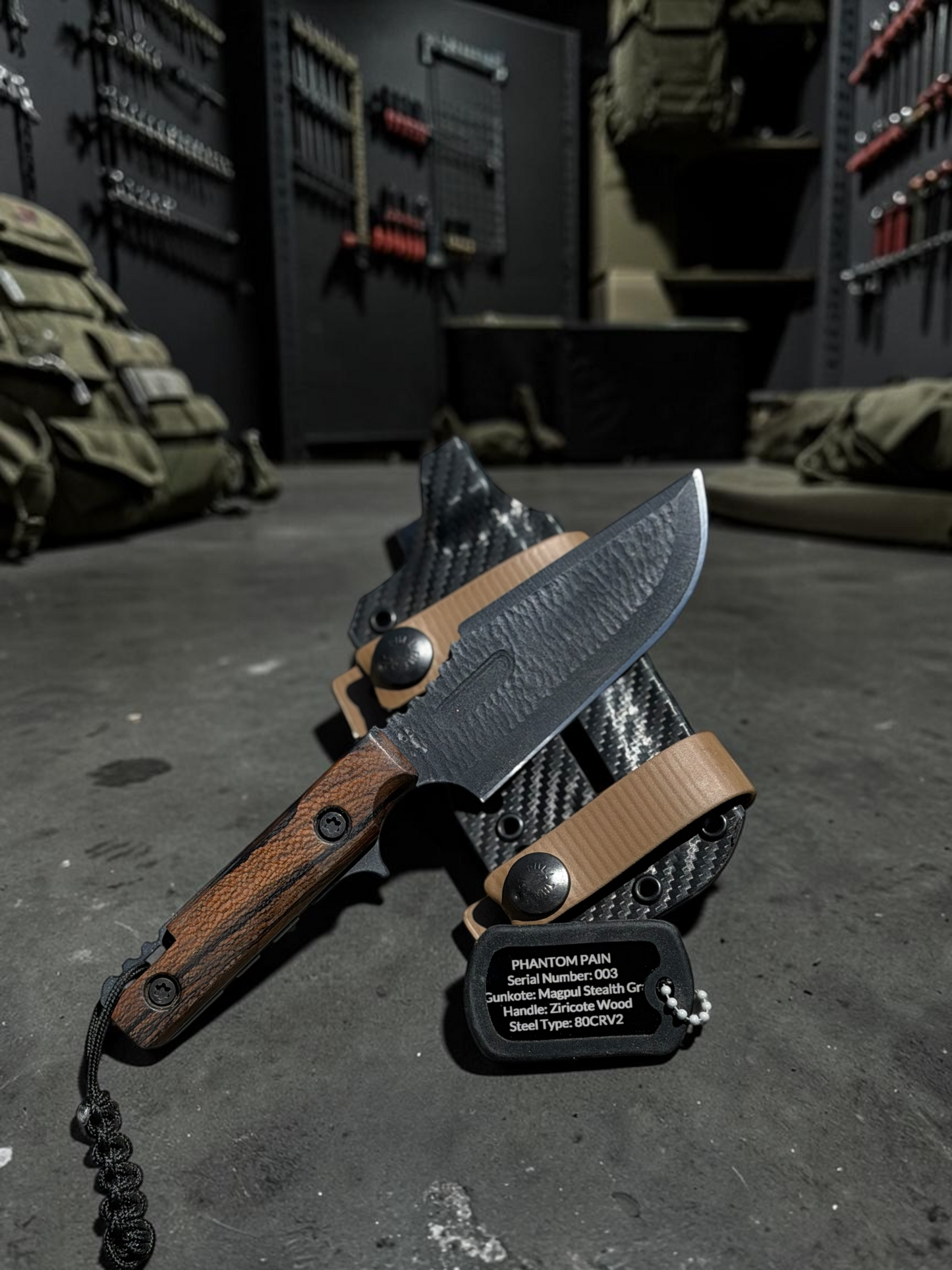 Severed Metal Works Phantom Pain 3.7" Fixed Blade – 80CrV2, Harpoon Back, Kydex Sheath – Made in USA