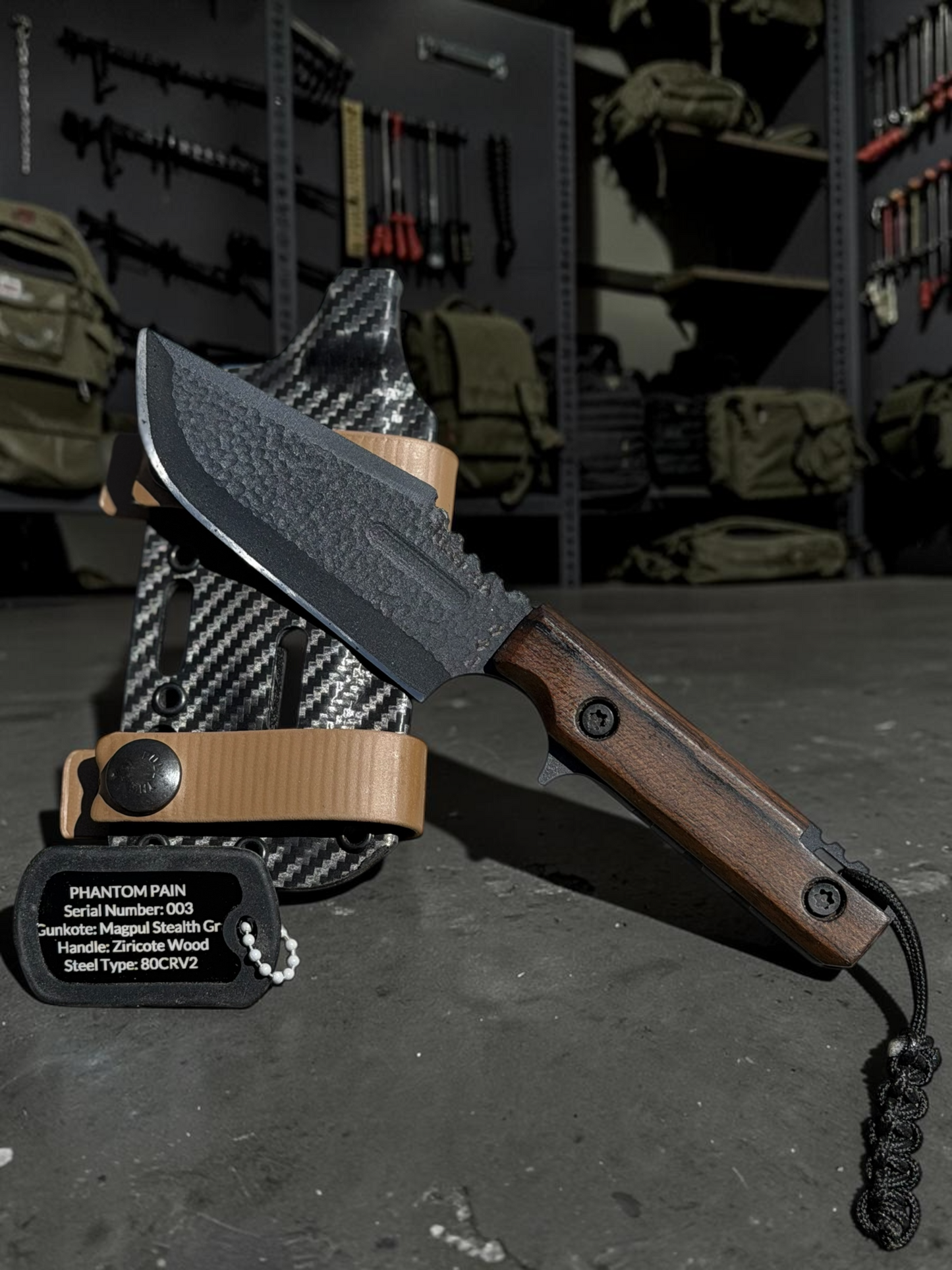Severed Metal Works Phantom Pain 3.7" Fixed Blade – 80CrV2, Harpoon Back, Kydex Sheath – Made in USA