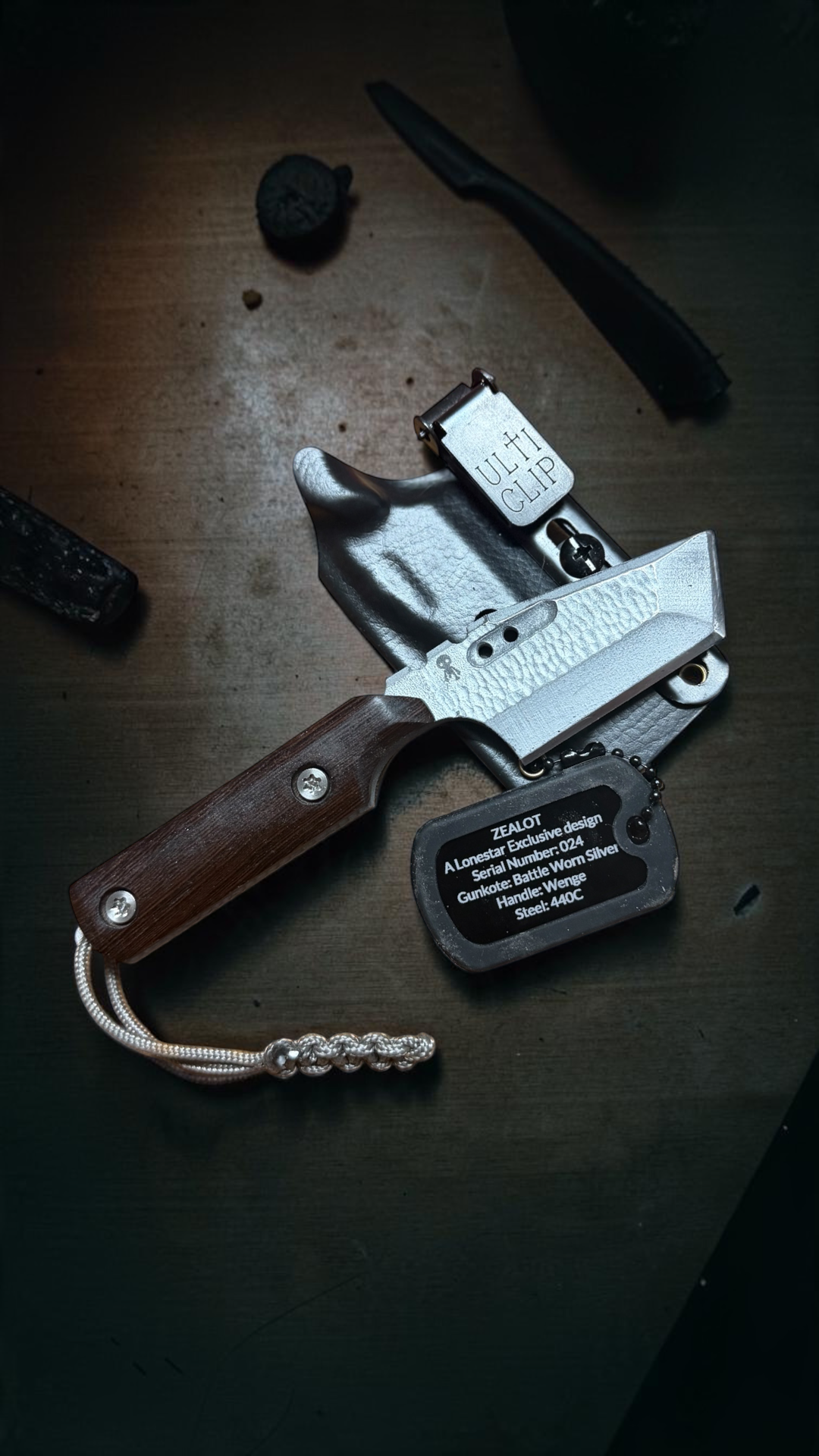 Severed Metal Works Zealot 2.5" Fixed Blade, 440C Stainless Tanto, Gunkote Finish, Kydex Sheath with UltiClip, Made in USA (SMW-ZEALOT-440C)