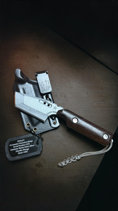 Severed Metal Works Zealot 2.5" Fixed Blade, 440C Stainless Tanto, Gunkote Finish, Kydex Sheath with UltiClip, Made in USA (SMW-ZEALOT-440C)