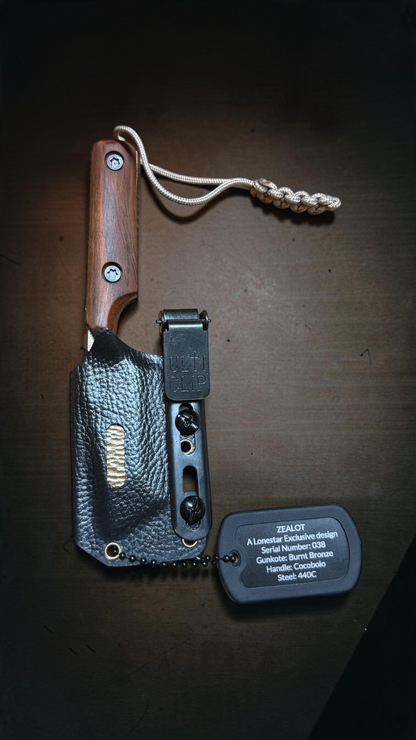 Severed Metal Works Zealot 2.5" Fixed Blade, 440C Stainless Tanto, Gunkote Finish, Kydex Sheath with UltiClip, Made in USA (SMW-ZEALOT-440C)