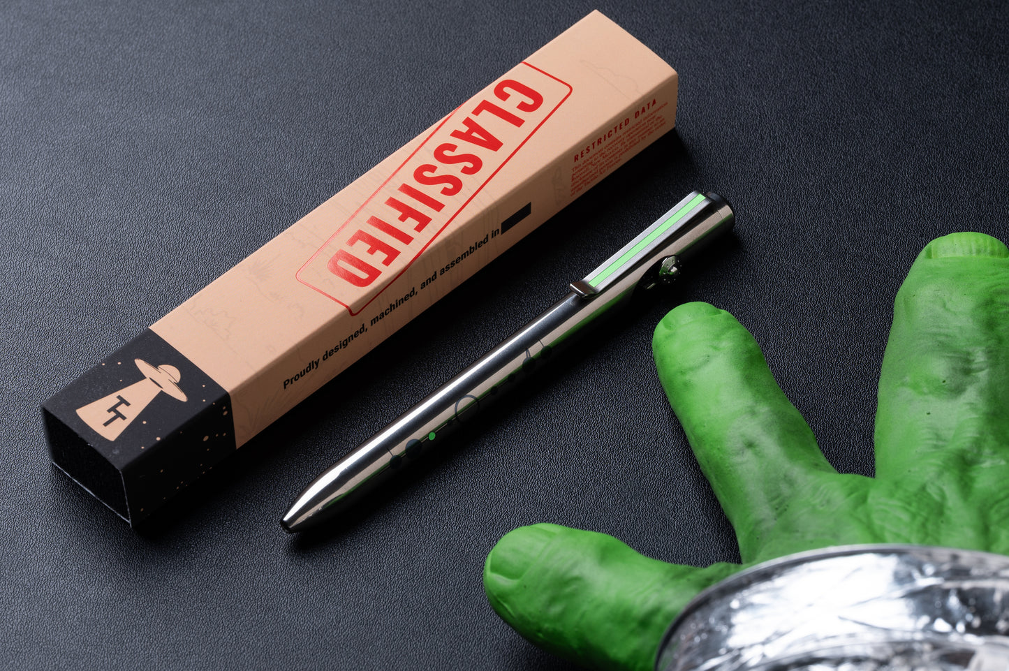 Tactile Turn Roswell Bolt Action Pen - Polished Titanium, UFO Bolt & Green Acrylic Inlay - Seasonal Release - Made in USA