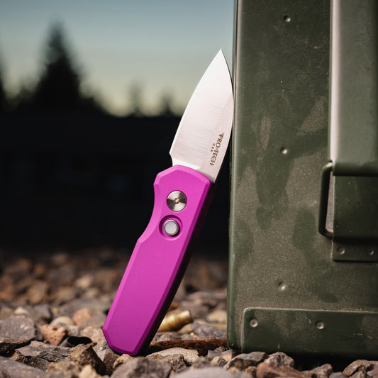 Pro-Tech R5300-LTD Purple Runt 5 Knife, 2" Satin MagnaCut Wharncliffe Auto, Pearl Button, Made in USA