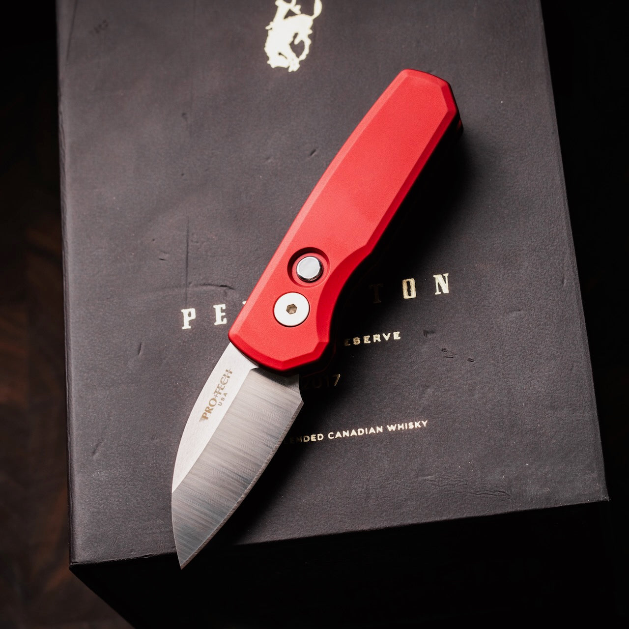 Pro-Tech Runt 5 Red Limited Edition, 2" Satin MagnaCut Wharncliffe Auto, Pearl Button, Made in USA (R5300-LTD)